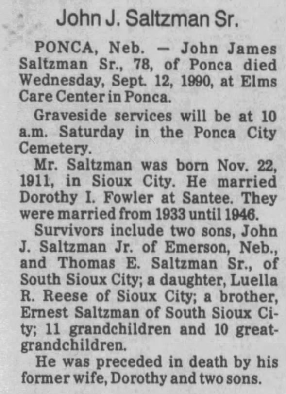 Obituary for John James Saltzman, 1911-1990 (Aged 78)